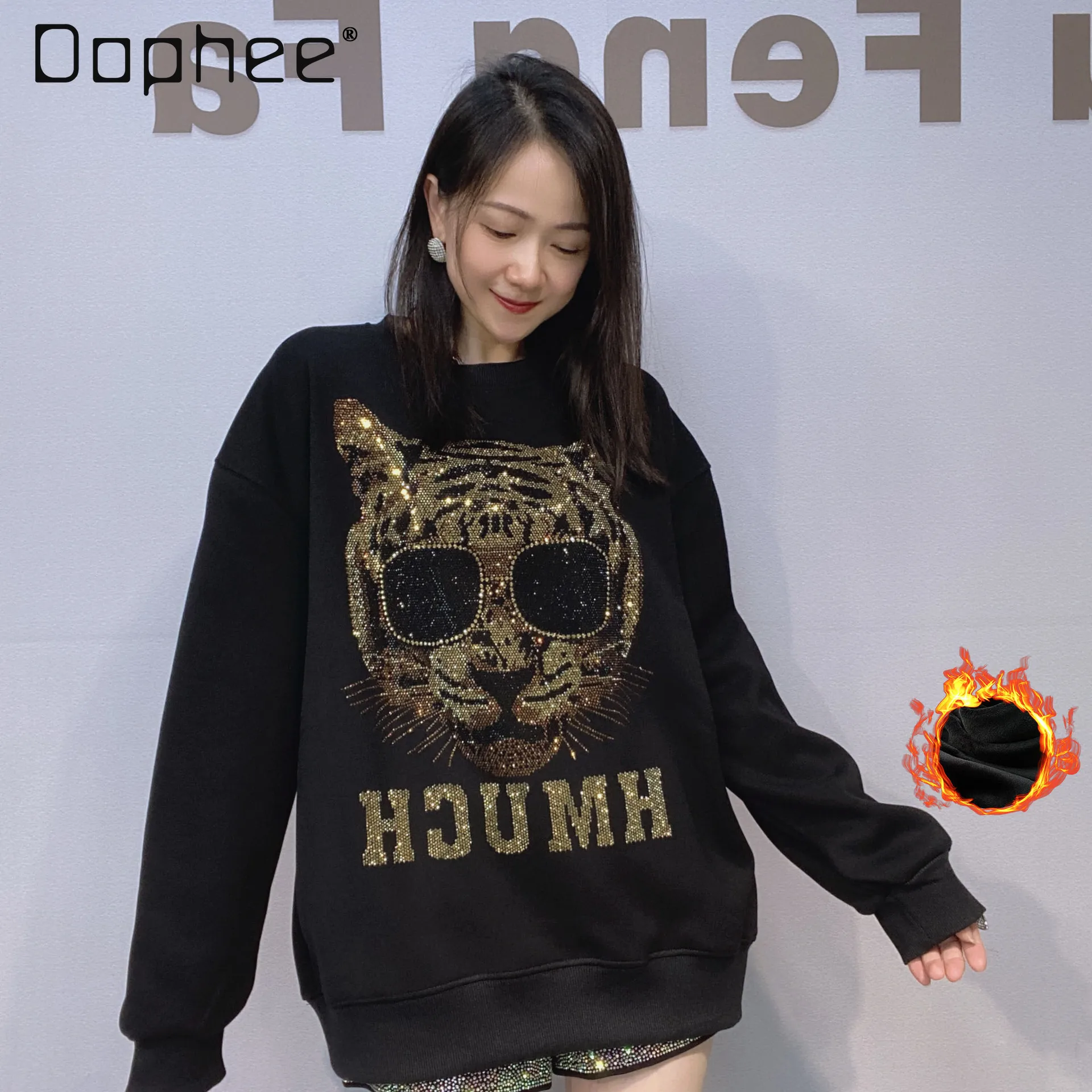 

Rhinestone Tiger Head Large Version Sweatshirt for Women Fall Winter Fleece-Lined Thickened Pullover Cartoon Round Neck Top