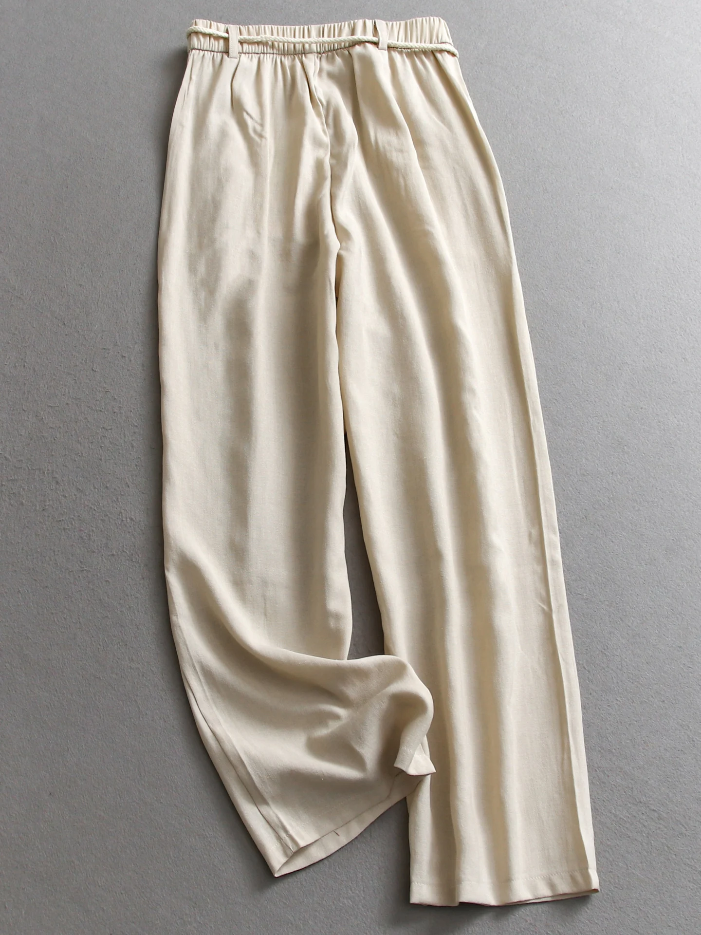 Linen Blend Wide Leg Pants Women's Casual Loose Straight Cut Trousers Elastic Waist Pure Color Belted Versatile Female Pants
