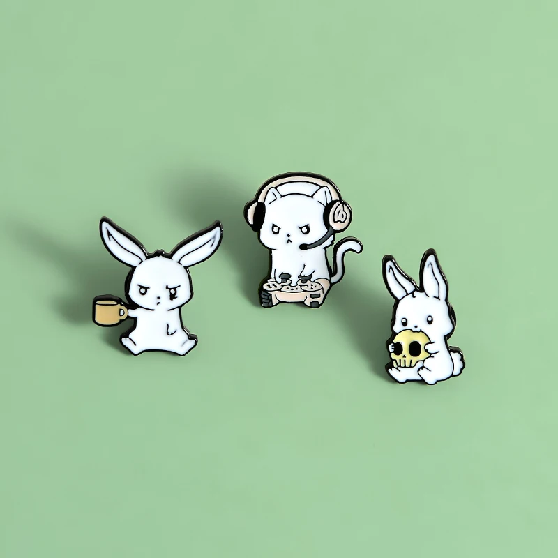 Cute Rabbit Enamel Pin Music Cats Cup Skeleton Bunny Brooches Cartoon Animal Lapel Badge Jewelry Friends Gifts
