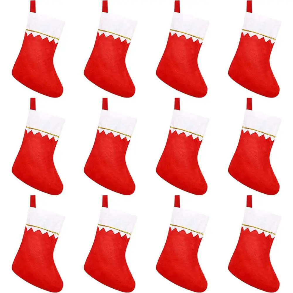 5pcs Cute Christmas Stockings Socks Non-woven Large Capacity Plush Hanging Socks Gold Edge Exquisite Candy Gift Bags