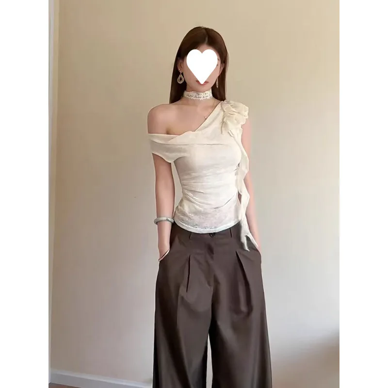 Summer Fashion Design Style Women T-Shirt Solid Slant Shoulder Short Sleeve Slimming Design Sweet Women Top