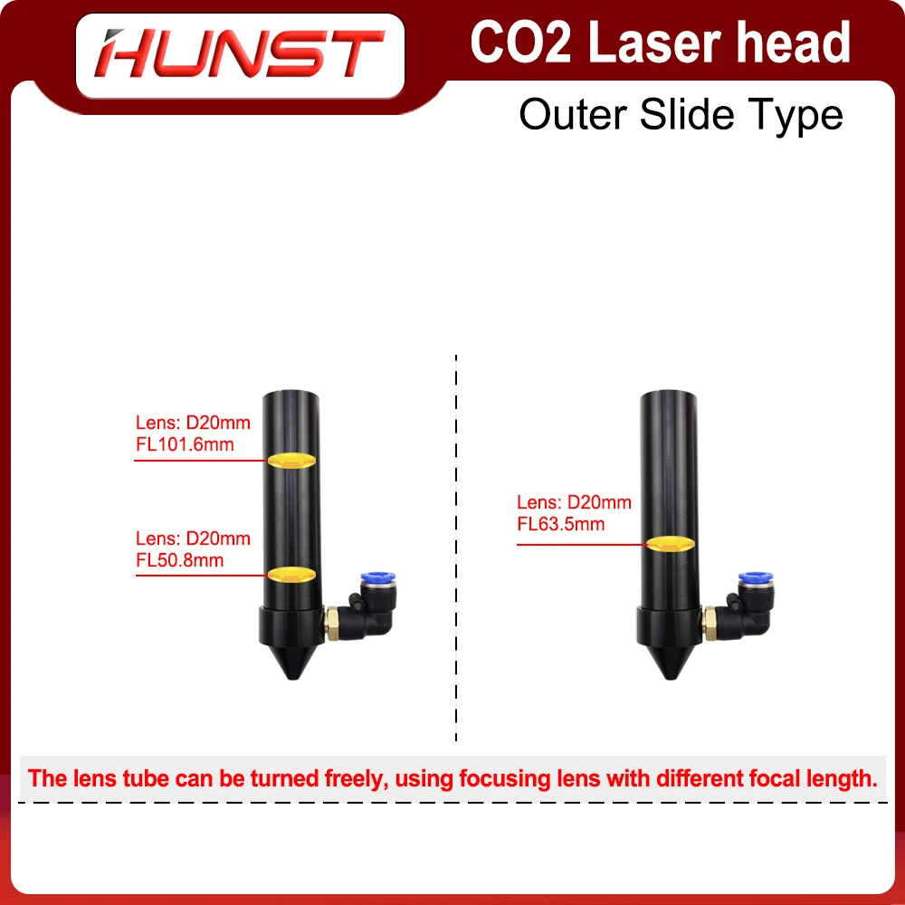 Hunst CO2 Outer Rail Laser Head With Slider Motor Seat Air Assist Nozzle for D25mm Mirror Lens Dia.20mm FL 50.8/63.5/101.6mm .