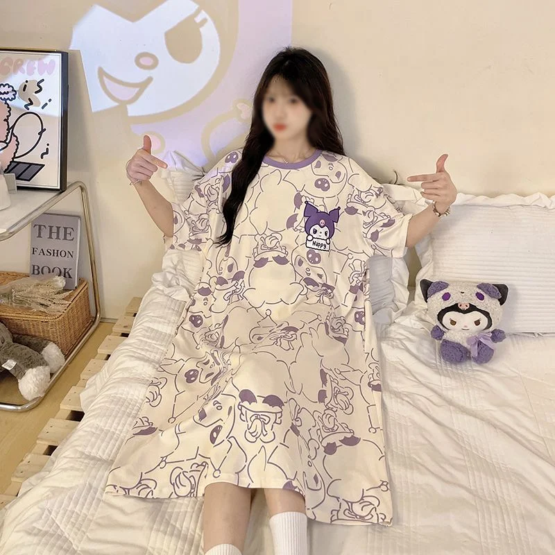 

Sanrio Women Skirt Kuromi Pajamas Dress Y2K Short Sleeve Long Dresses Sleepwear Student Sleeping Skirts Home Clothing ﻿new Style