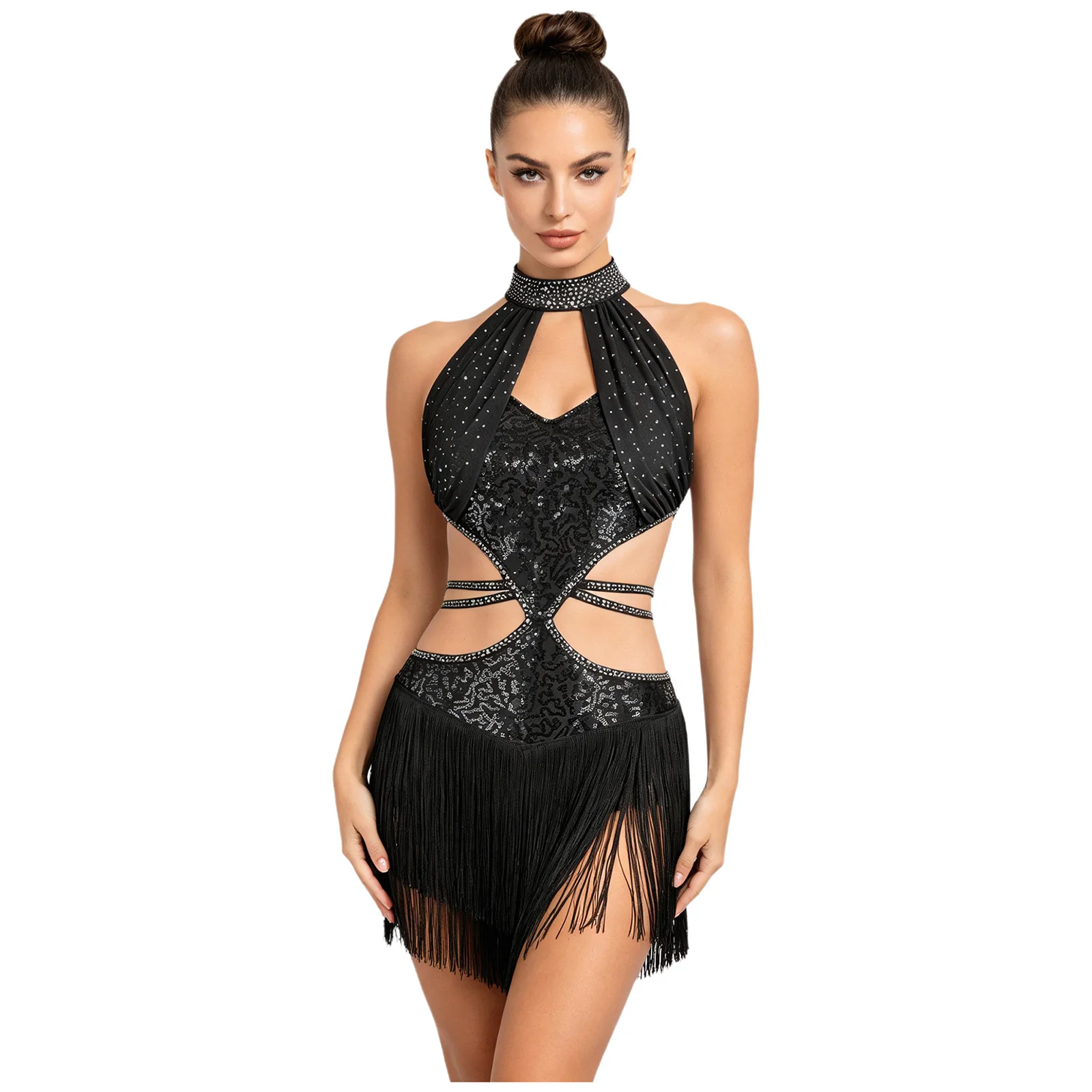 Women Tassel Latin Dance Dress Shiny Keyhole Front Cutout Back Sleeveless Fringe Dress for Performance Competition