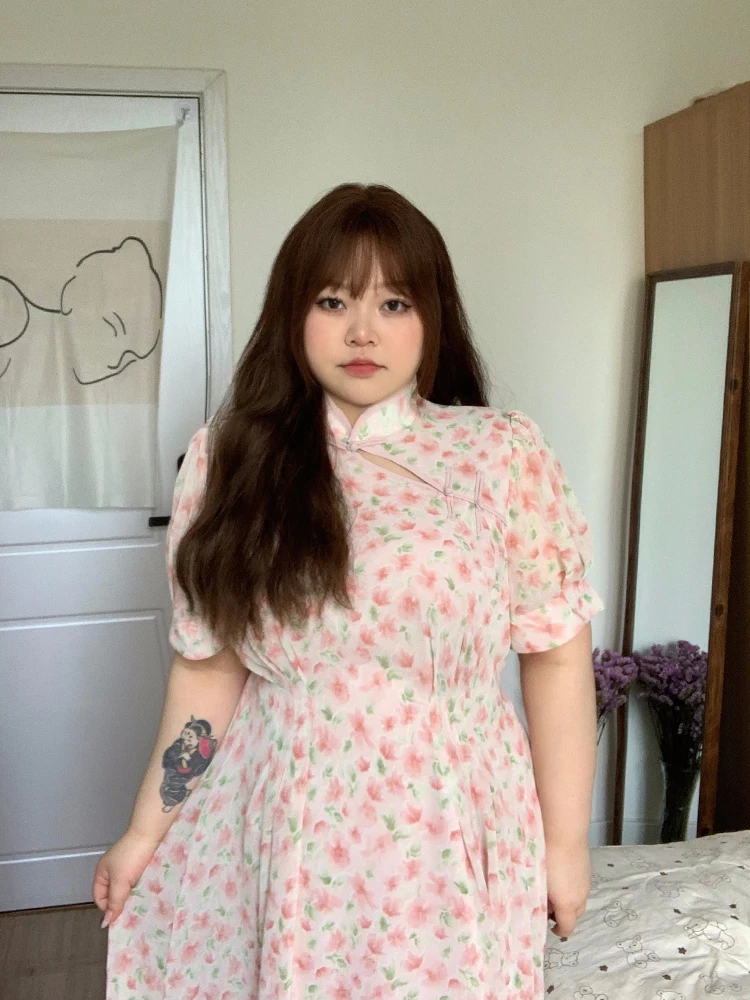 

Ретро-платье-ципао с улучшенным дизайном, цветочным принтом, свободного кроя, больших размеров, А-силуэт, повседневное, длинное, из смесового полиэстера