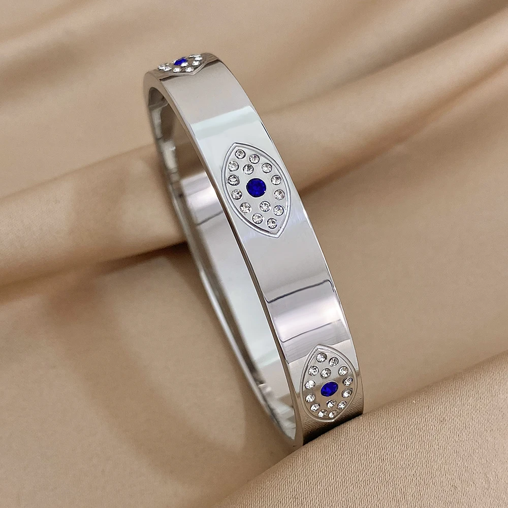 Evil Eye Stainless Steel Charm Bracelet, Rhinestone