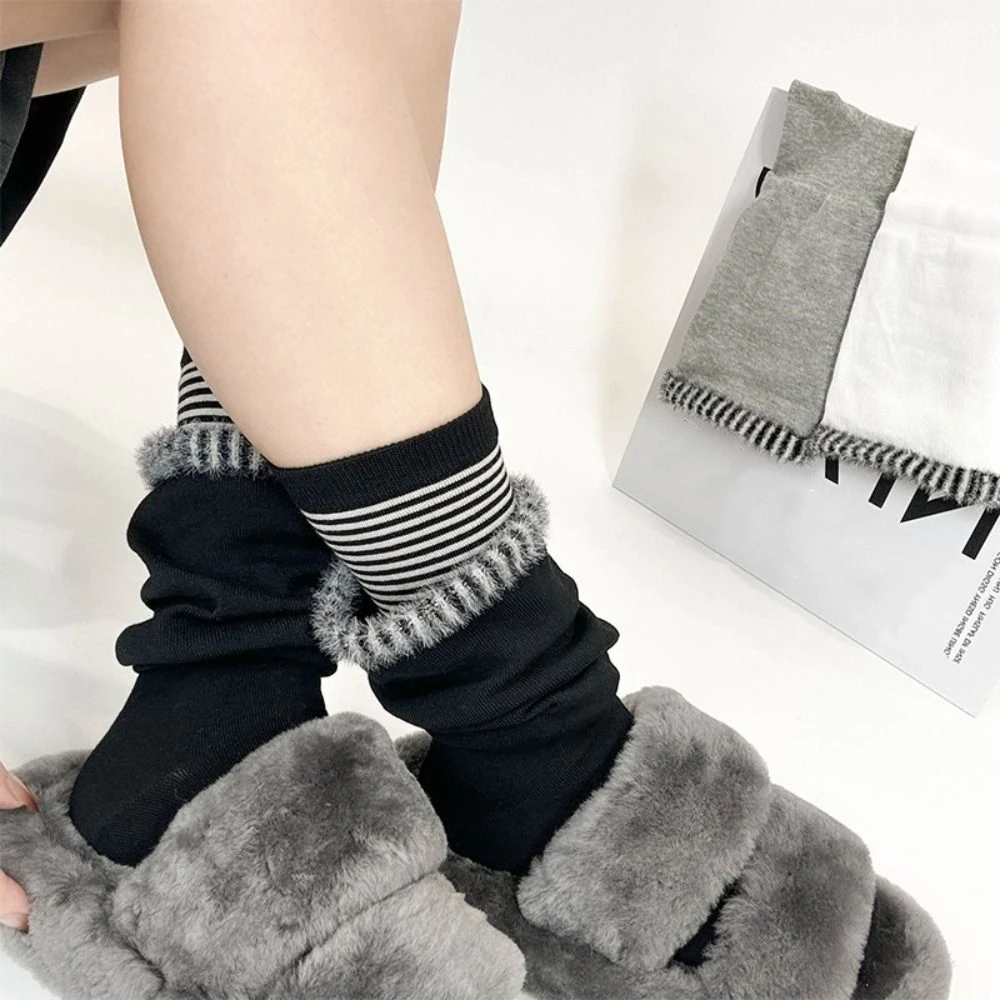 Unique Fake Two Piece Cotton Socks Plush Edge Warm Mid Calf Socks Hosiery Loose Ruffle Stripe Stocking Spring