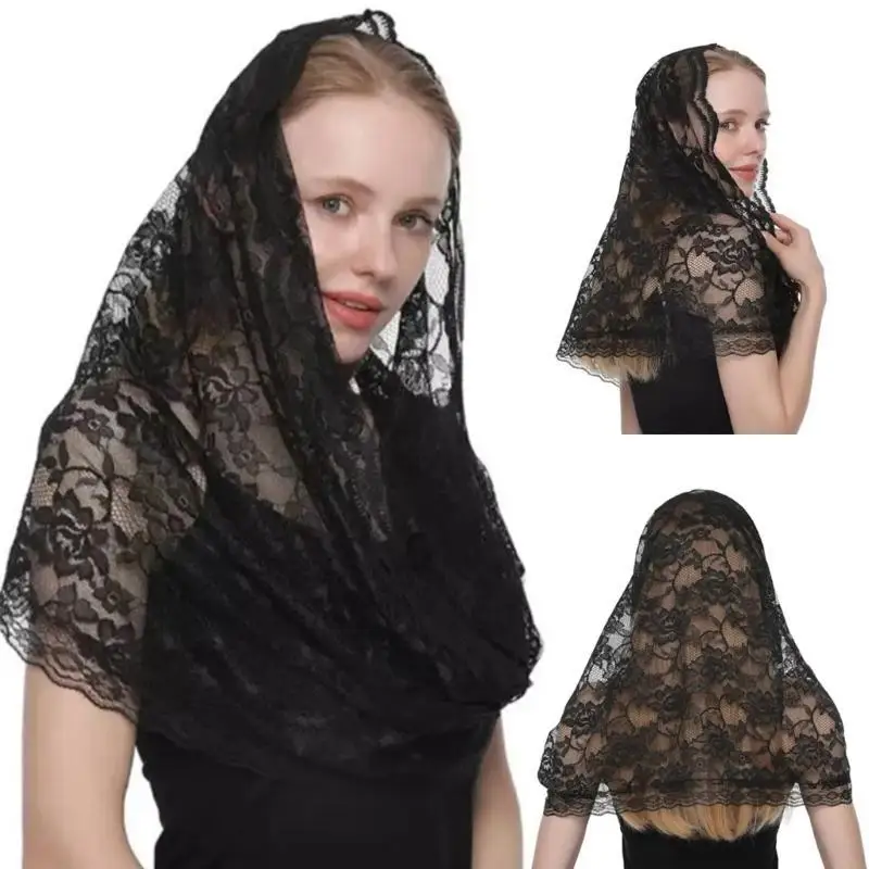 

39BD Elegant Lace Mantilla Veil Catholic Church Headscarf Bride Veil Chapel Headscarf Vintage Flower Veil Wedding Accessory