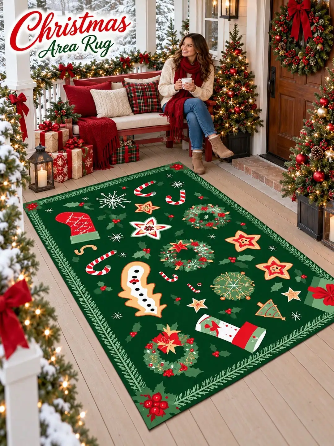 Christmas Rug Wreath Stocking Candy Cane Floor Decor Carpet Living Room Bedroom Dining Area Entryway Apartment Cabin Winter Home Styling Beside Sofa Coffee Table Housewarming Birthday Gift for Parents Friends Neighbors Homeowners Holiday Celebrations