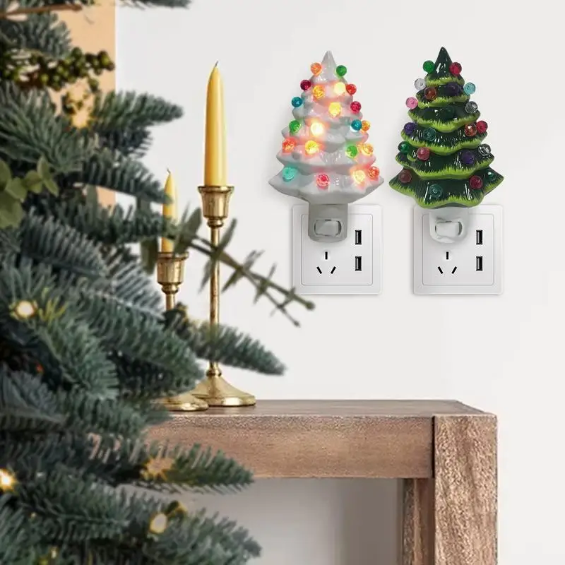 Christmas Ceramic Tree Night Light LED Decorative Vintage Christmas Tree Nightlight With Swivel Plug for Christmas Home Decor