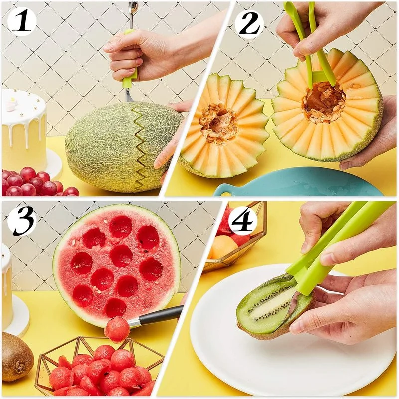 4 In 1 Watermelon Slicer Cutter Scoops Fruit Carving Knife Cutter Fruit Platter Fruit Dig Pulp Separator Kitchen Accessories