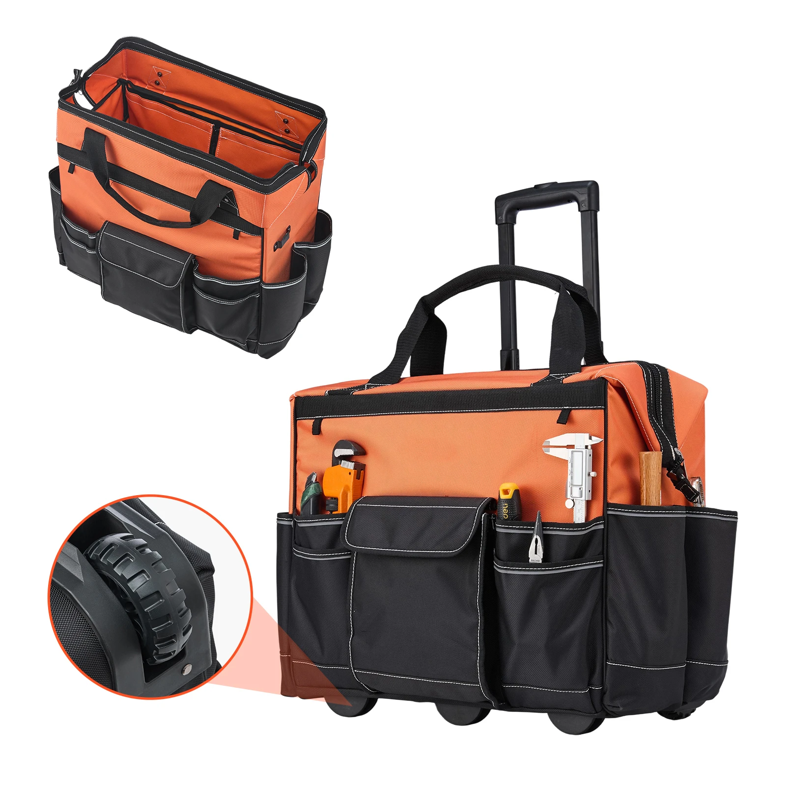

SucceBuy Сумка для вращающихся инструментов на 110 фунтов, 27 карманов, роликовая сумка для инструментов на колесах с регулируемой телескопической ручкой для строительных инструментов