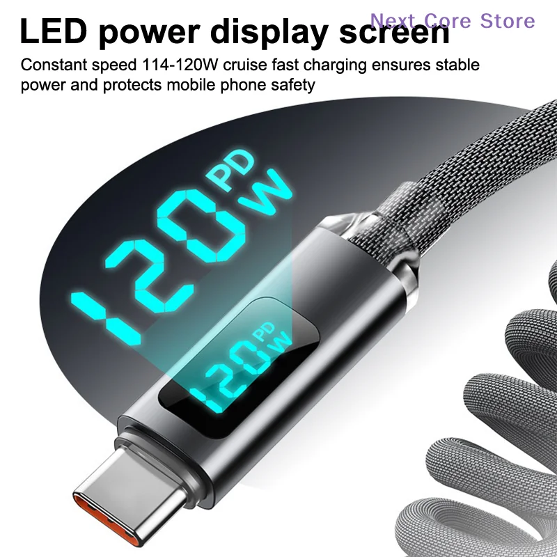 120W Typ-C-auf-Typ-C-Datenkabel, schnelles Ladekabel mit Display, einziehbares Auto-Ladekabel
