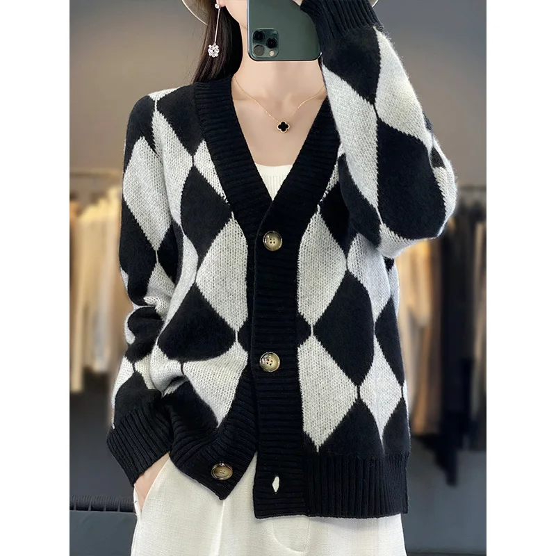 Autumn Winter New Woolen Sweater Women's V-Neck Long sleeved 100% Pure Wool Diamond Checker Color Block Simple Knitted Cardigan