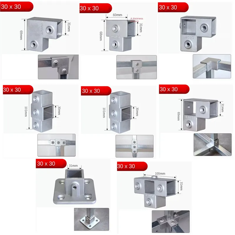 OD 30x30mm Square Tube Connection Piece  Aluminum Alloy Elbow Three-way Square Pipe Fixed Joint Storage Rack Rack