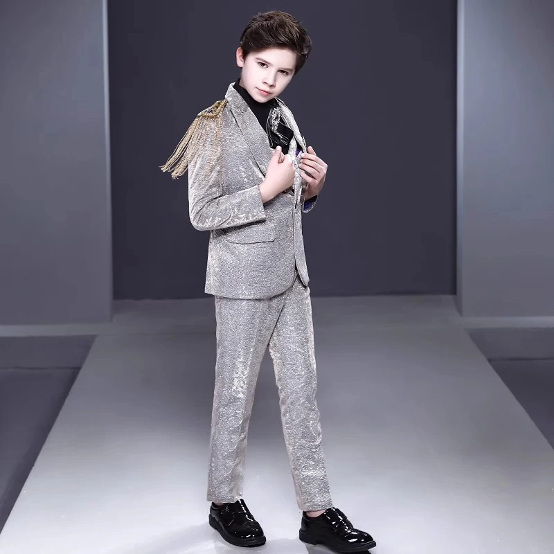 Shiny Silver Boys 3-Piece Suit Set with Tassel Accents for Stage Performance Party Wedding Guest Outfits Stylish 3-16 Years