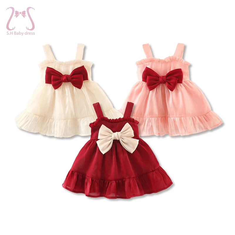 

Summer Baby Girl Fashion Birthday Party Temperament Mesh Suspender Evening Dress Solid Color Children's Clothes Bow Kids Costume