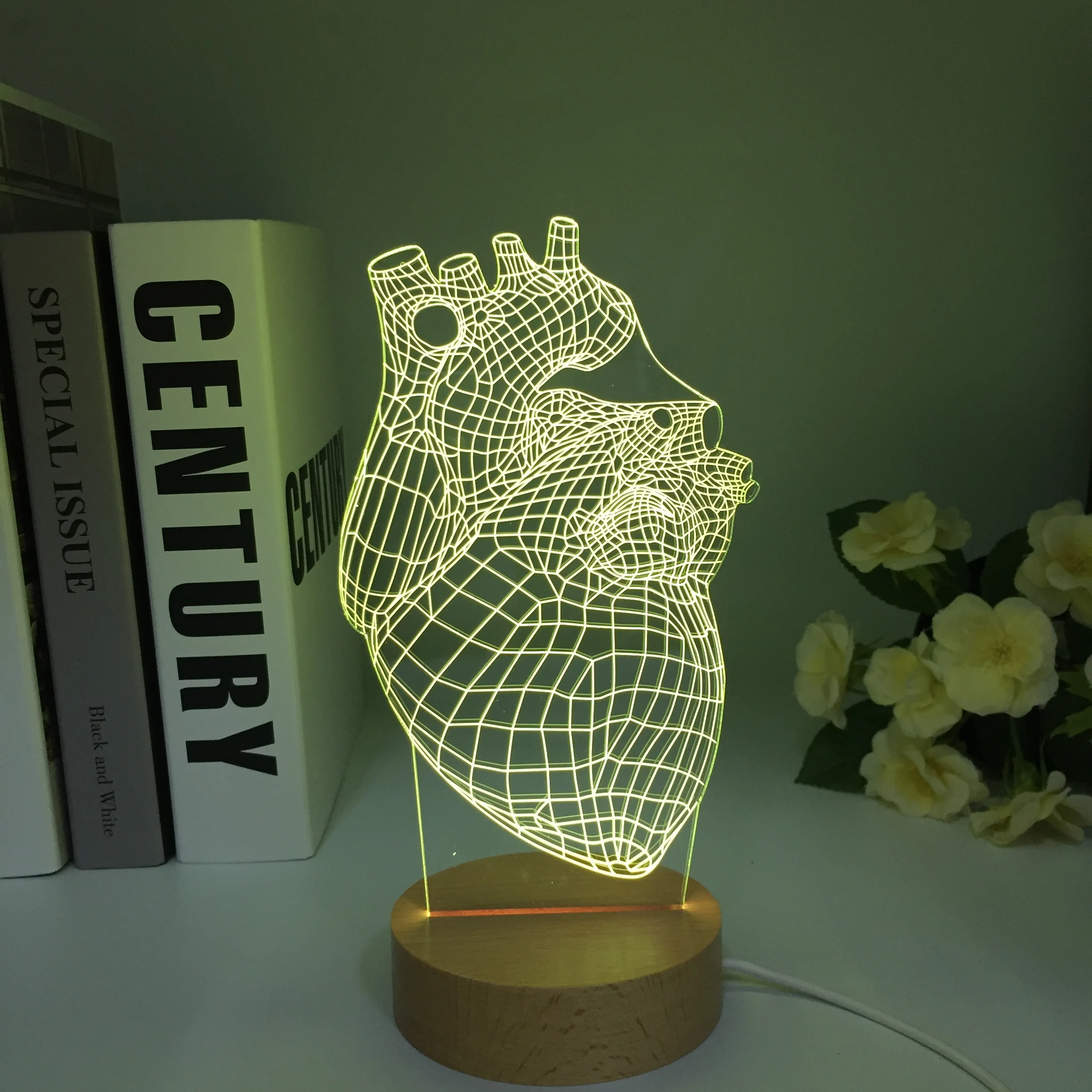 The Heart Shape Wooden Round Base 3D Lamp Battery Powered 7 Colors Present for Children Atmosphere Led Night Light Lamp Dropship