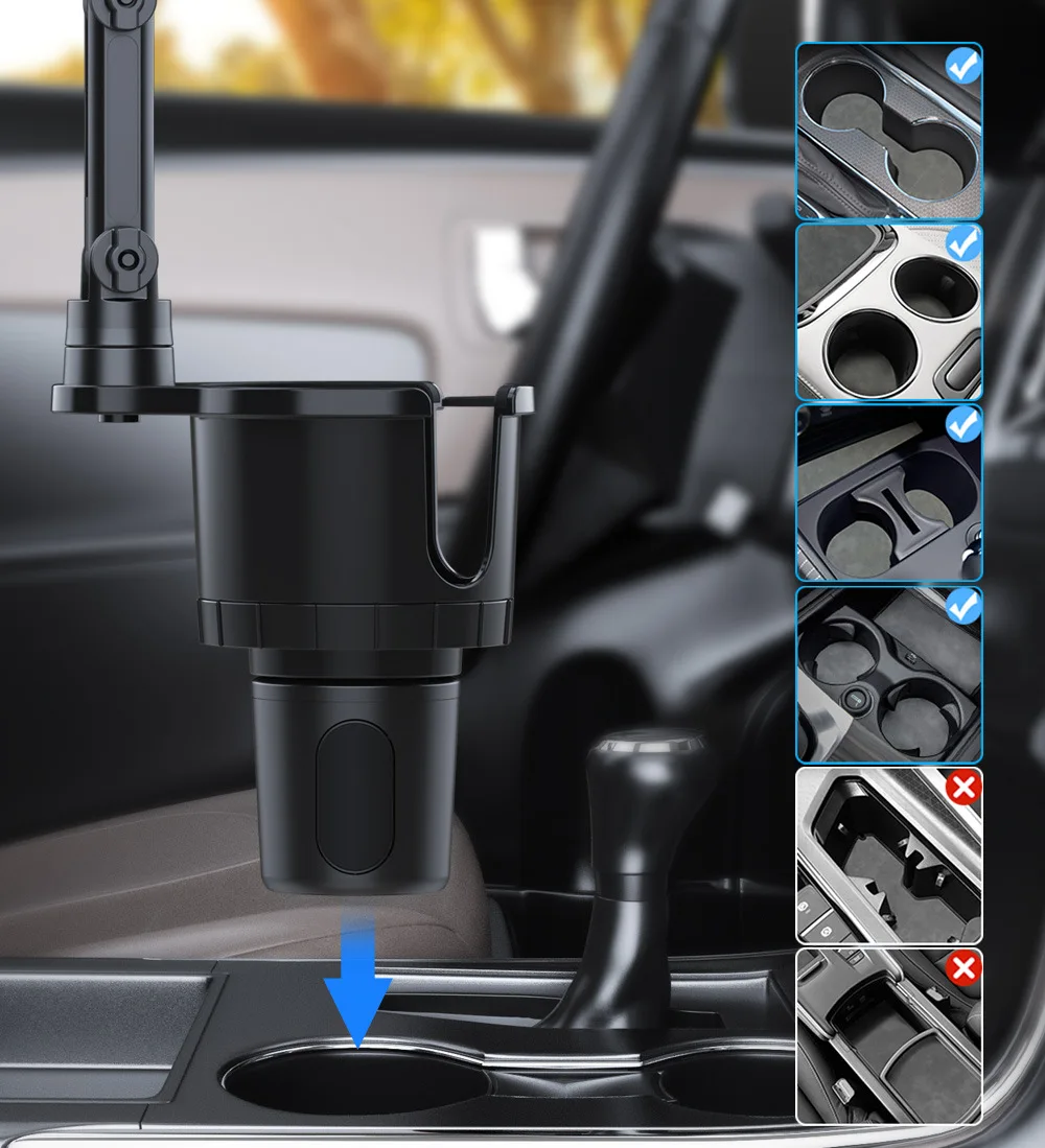 2in1 Car Cup Holder Mount, Adjustable Phone Holder Cradle, 360 Degree Rotation Car Cell Phone Mount