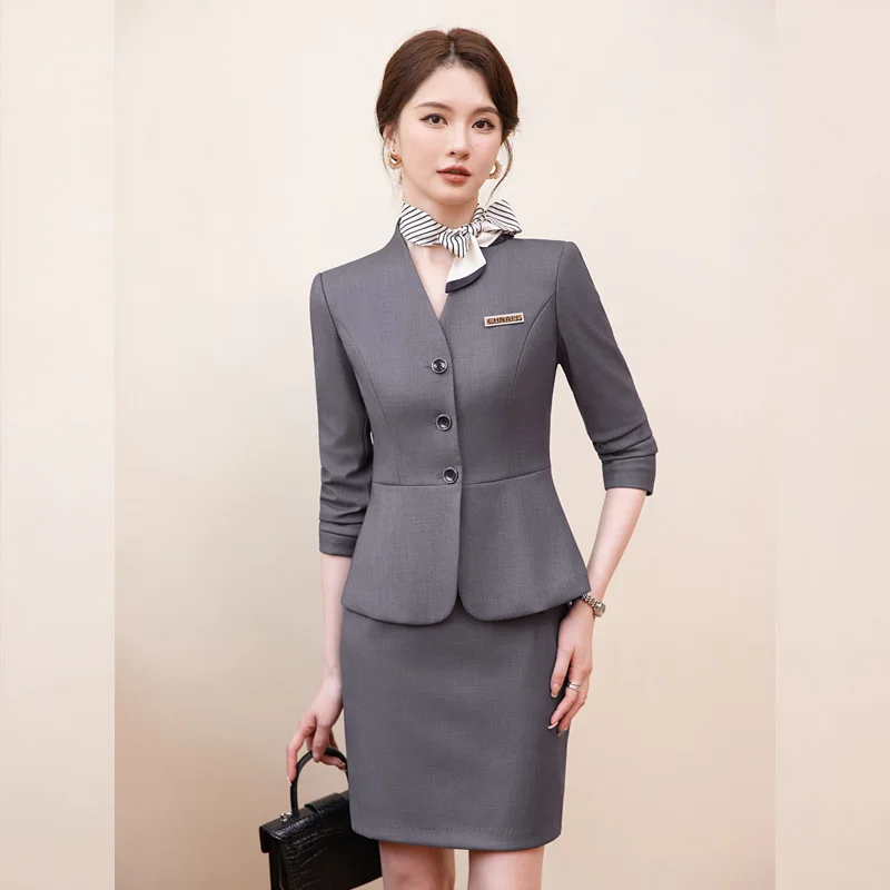 Navu elegante feminino ternos novo temperamento com decote em v negócios formal fino único botão blazer e saia escritório senhoras trabalho wear