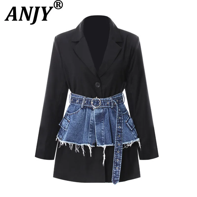 

ANJY, осенний новый женский шикарный пиджак с отложным воротником, однобортный джинсовый пояс с длинными рукавами, элегантное пальто из двух предметов, A10066