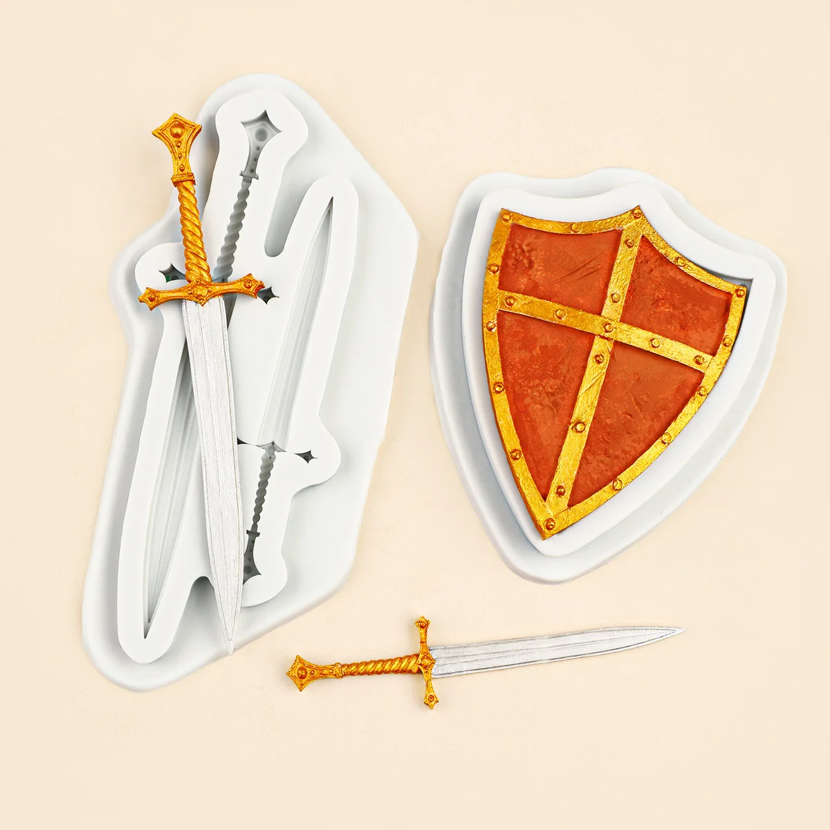 Double Sword Soldier Ancient Shield Chocolate Silicone Mold Fondant Doll Cake Decoration Epoxy Clay 17-490