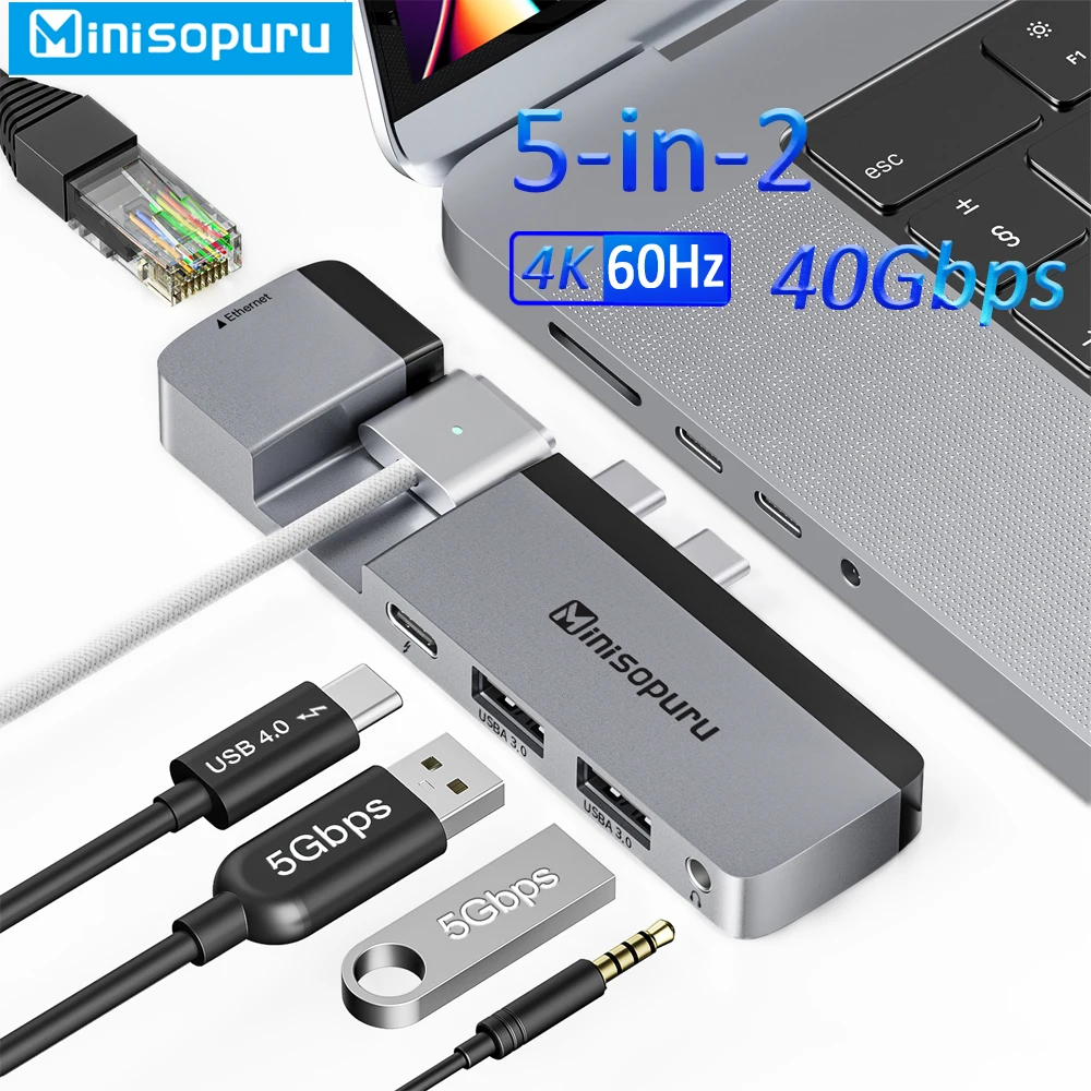 Minisopuru USB C Hub 4K 40Gbps Dual USB Type-C to HDMI RJ45 USB 3.2 PD 100W audio Adapter for Macbook Pro 14 16 inch usb hub