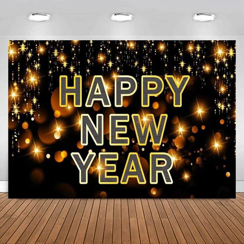 

New Years Eve Decorations Party Supplies Backdrop Black and Gold Glitter Bokeh Sequin Happy Photography Background Banner