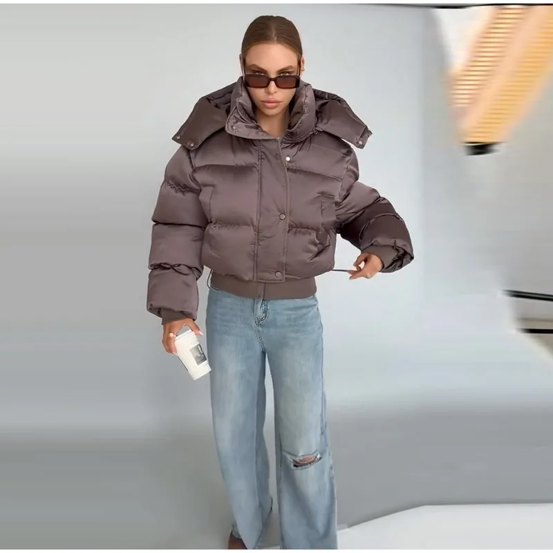 Solid Hooded Cropped Puffer Jacket Women Stand Collar Snap Button Loose Long Sleeve Jackets 2026 Winter Casual Warm Padded Coat