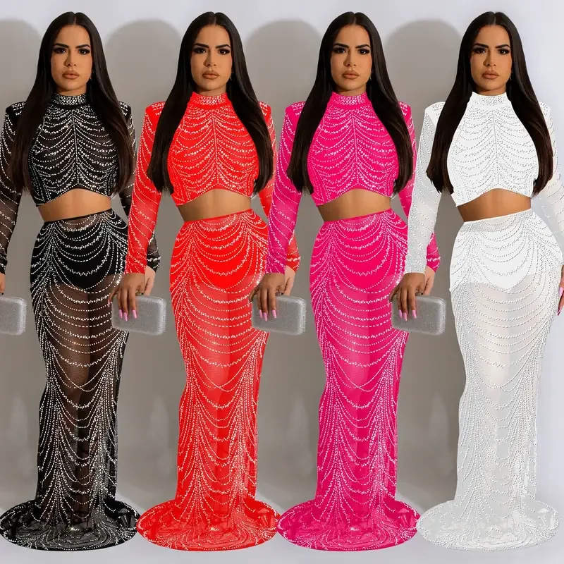 Nightclub Fashion Sexy Womens Wear Solid Color Mesh Hot Diamond Long sleeved Long Dress 2psc for Women's Birthday Party Clothing