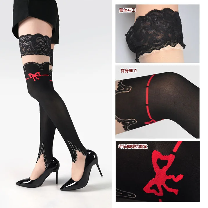 Women's Sexy Anti Slip Silicone Lace Stockings Printed Lace Knee Socks For Female Color Block Non-slip High Socks Long Socks