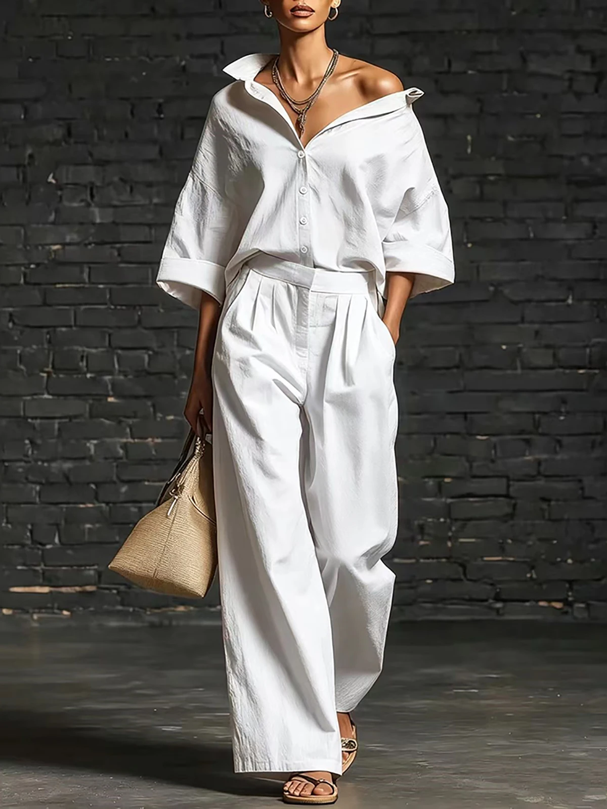 Damen-Set aus Kunstleinen: Elegantes, übergroßes Hemd mit 3/4-Ärmeln und lässige Bluse mit weitem Bein – Alltags-Set – Detail 5
