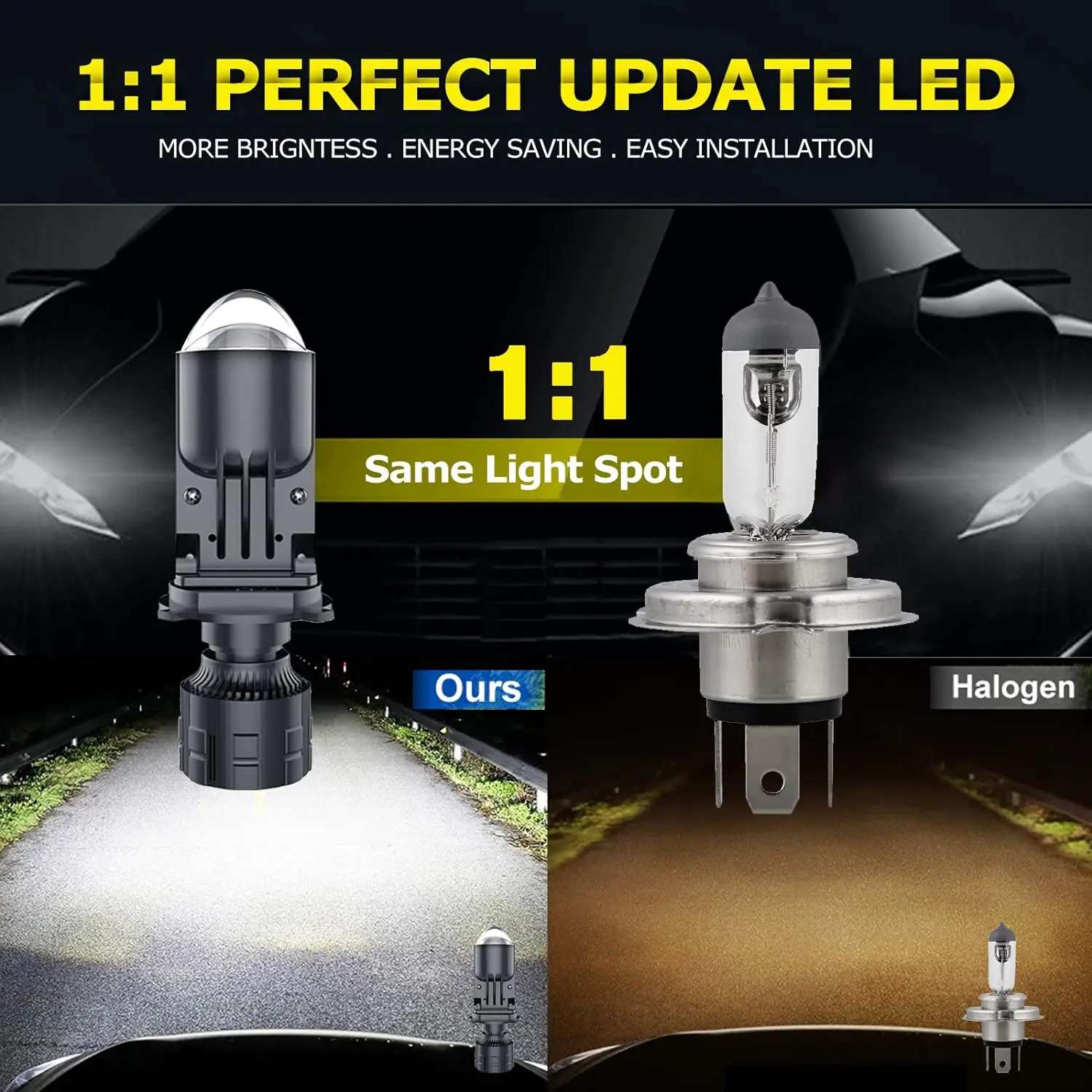 2pcs H4 LED Projector Mini Lens Auto H4 LED Headlight Bulb Kit Conversion High Beam Low Beam 6000K Turbo Fan Car Light Lamp