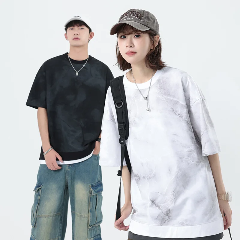 New Trendy American-Style Casual Short-Sleeve T-Shirt For Men, Summer Loose-Fitting Faux Two-Piece Top With Unique Print,