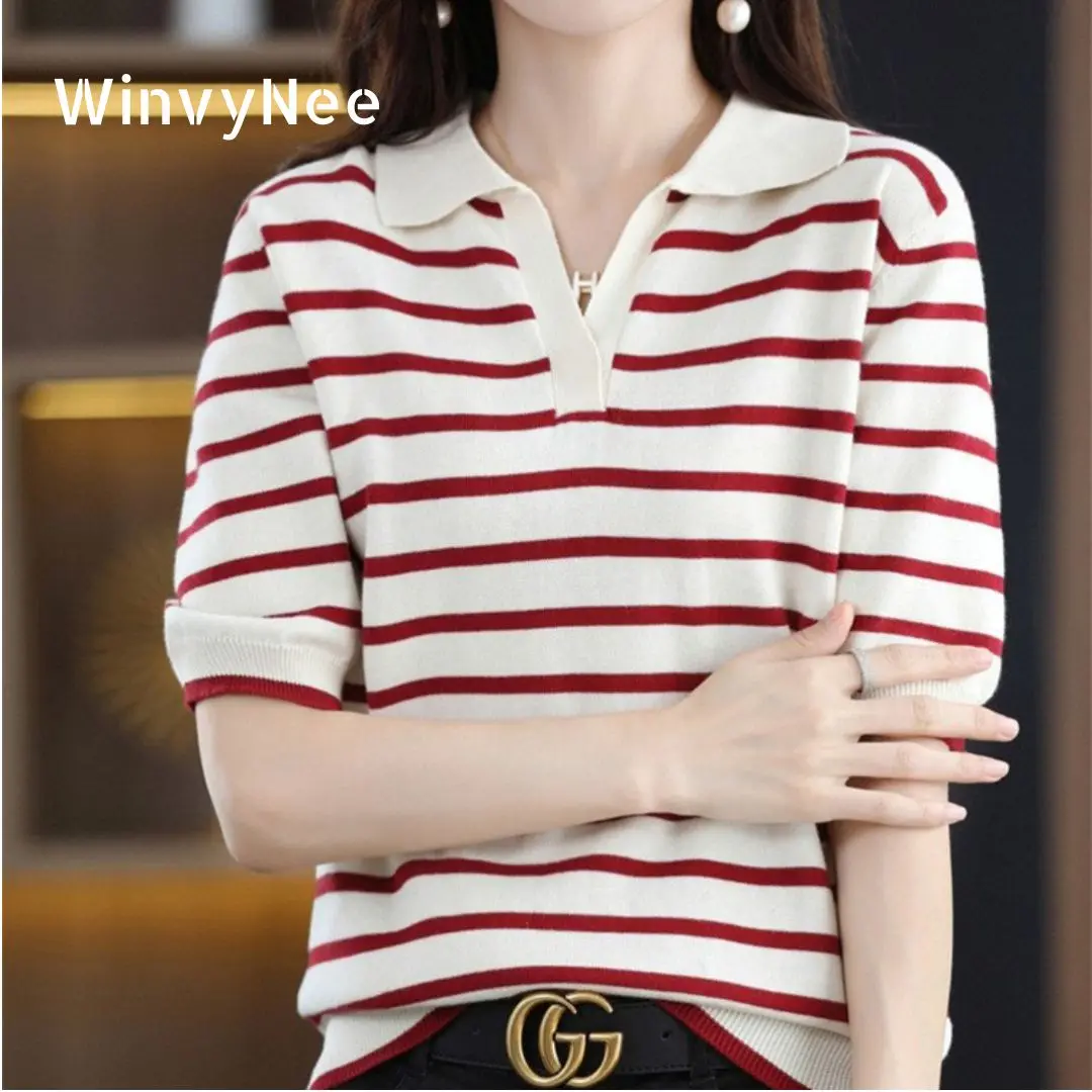 WinvyNee Summer Short Sleeved Women\'s Solid Polo Shirt Casual Cotton Striped Top T-shirt Women Clothing Casual Knitted A1002001