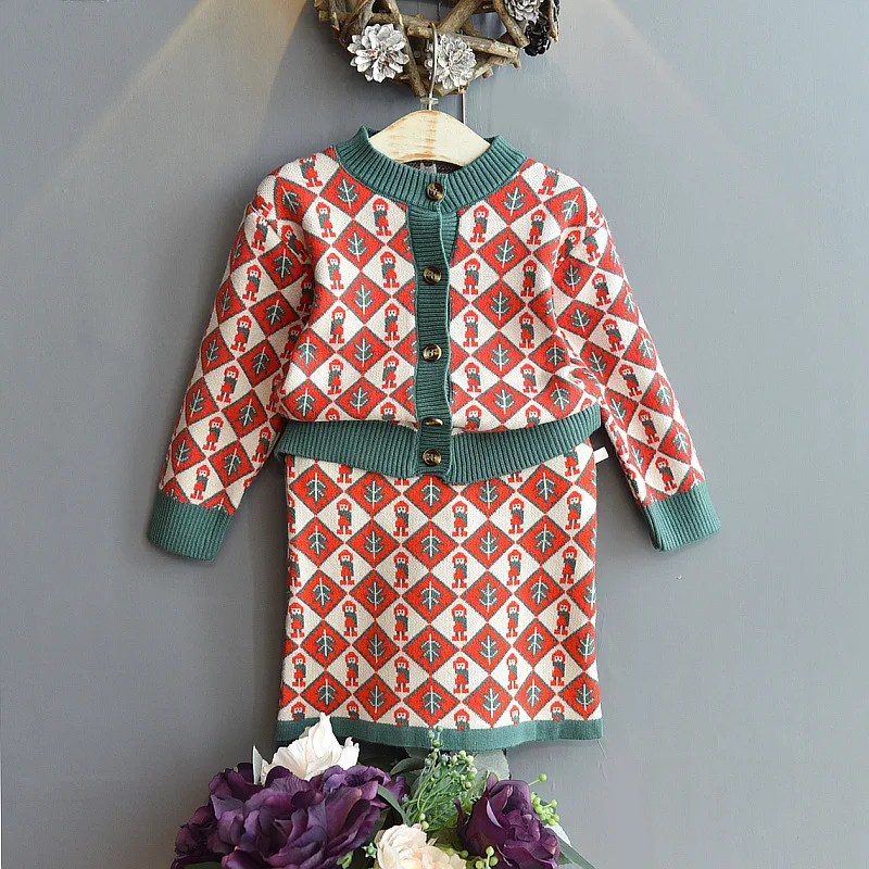 

New Trendy Baby Knitted Cardigan Top for Girls+Knitted Sweater Strap Dress2Set Children's Clothing