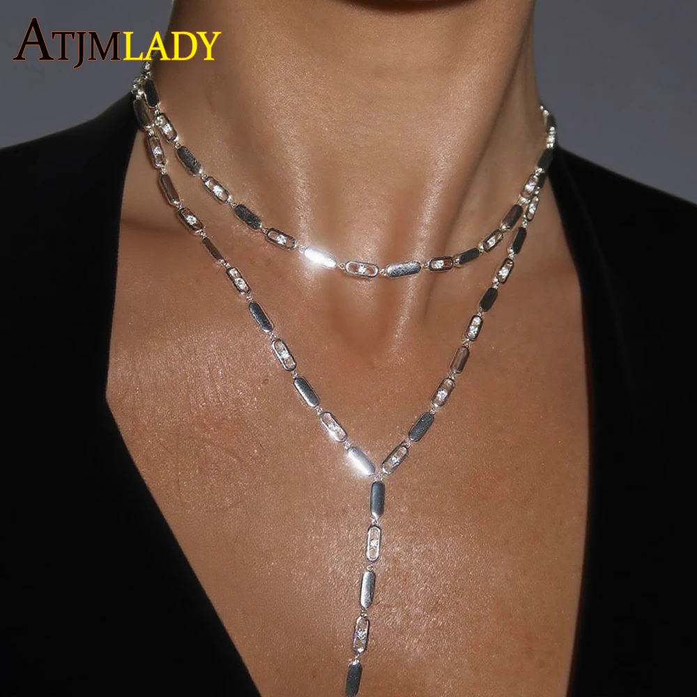 Geometric Rectangle Bling Micro Pave Cz Bar Charms Link Chain Choker Lariat Y Necklace Silver Color Fashion Women Jewelry