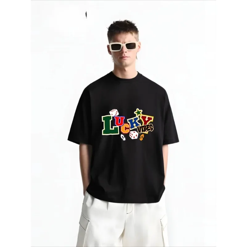 

Motorcycle 2025 American Letter Lucky Men's and Women's Fashion Short Sleeve T-Shirt Casual Couple Top