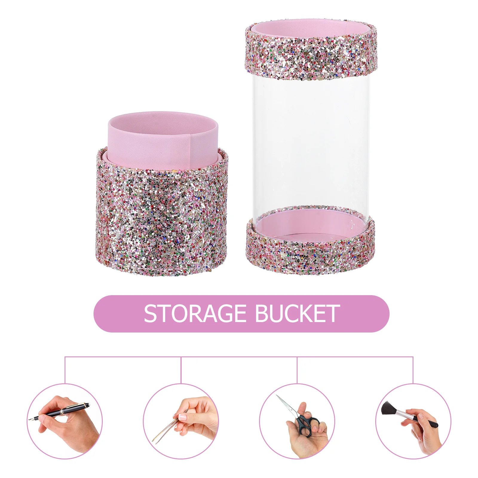 Two-Cup Glitter Makeup Box Organizer for Makeup Brushes and Cosmetics Storage Holds Medium Small Tools Portable Beauty