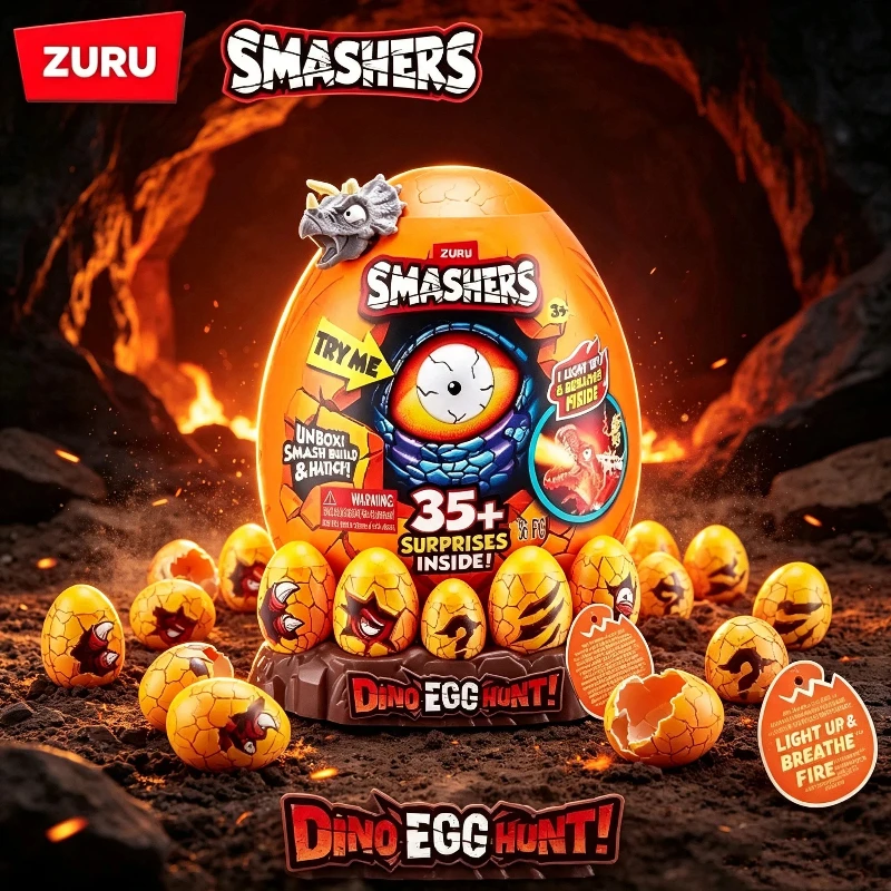 ZURU SMASHERS Dino Egg Hunt 35+ Surprises Mystery Capsule Collectible Dinosaur Figurine Set Display