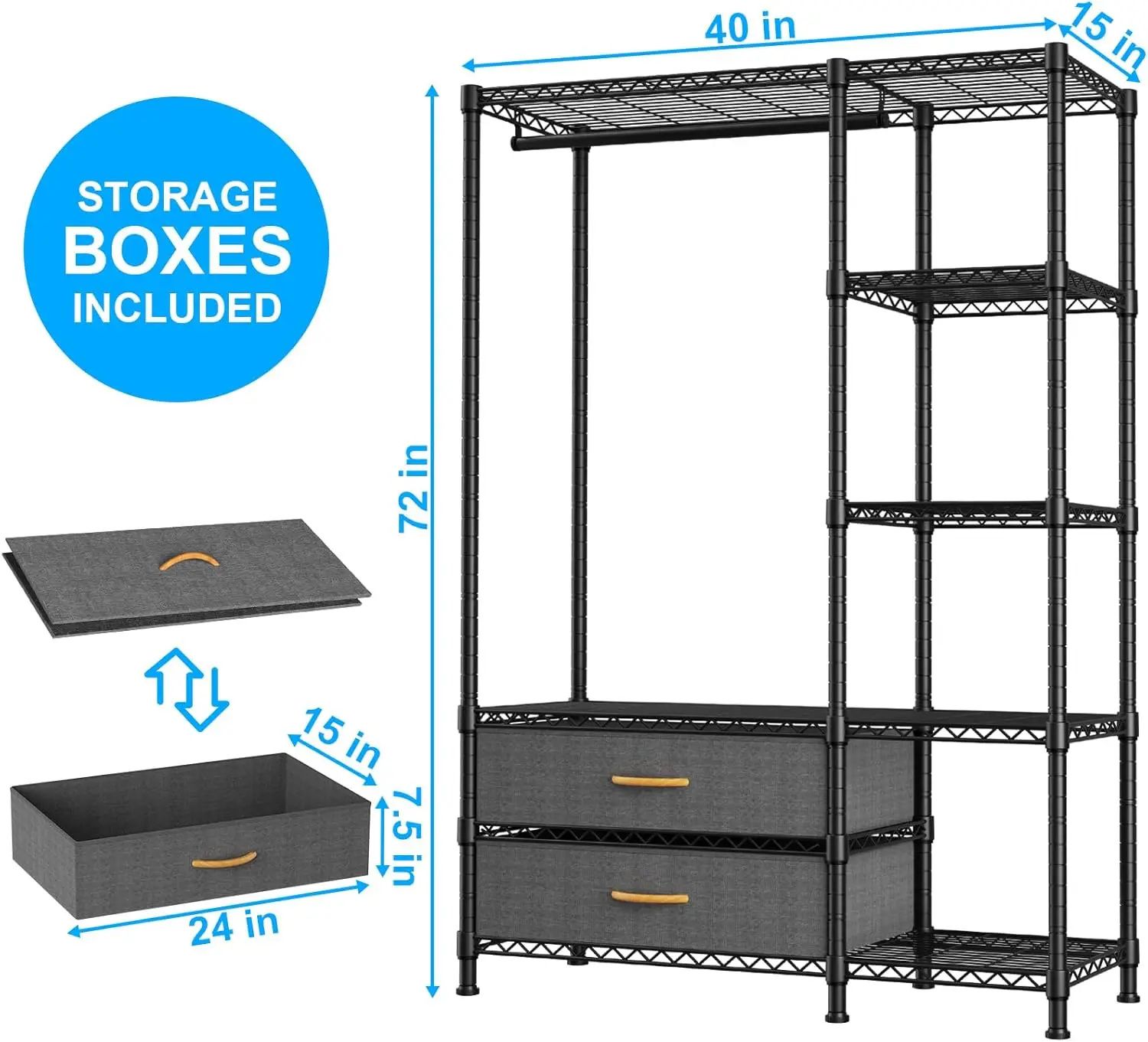 F3 Heavy Duty Clothes Rack（With Fabric Drawers）Freestanding Clothing Racks for Hanging Clothes，Adjustable Closet Organizerk