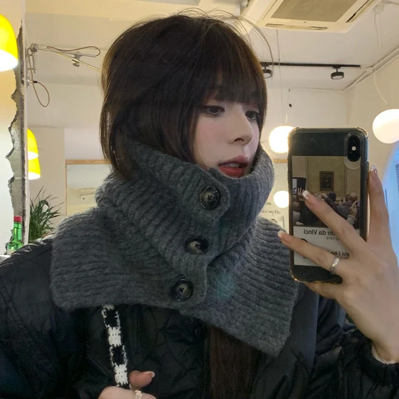 المرأة محبوك وشاح من الصوف زر عالية وهمية طوق البلوز والأوشحة شتاء دافئ وشاح شال غطاء الرقبة الإناث