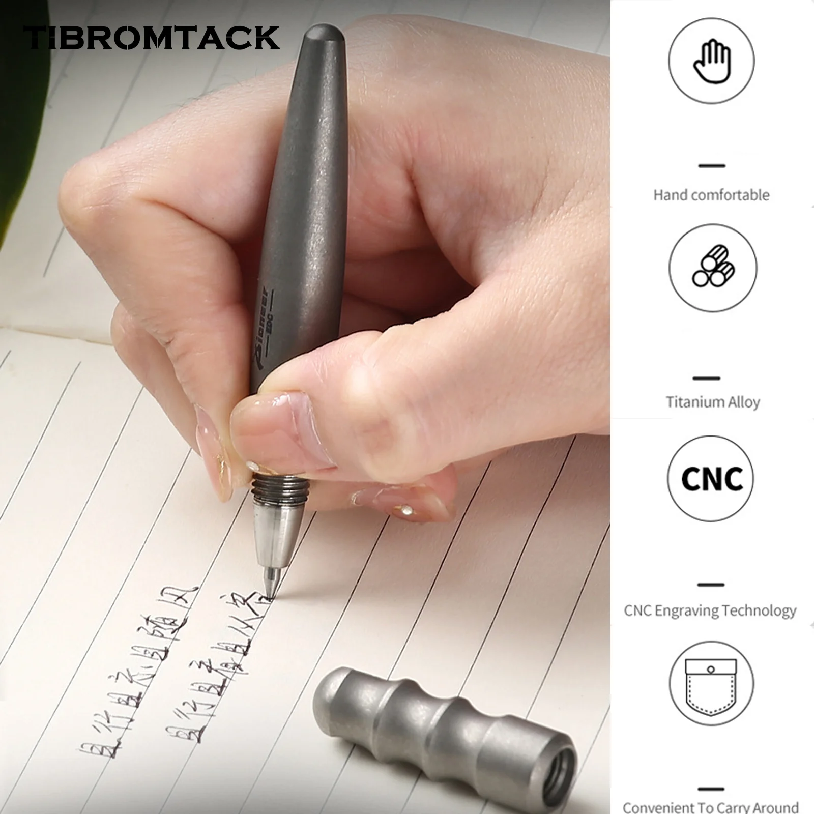TIBROMTACK Pure Titanium Bolt Action Pen - 9.5cm/3.74in 25g EDC Fidget Pen | Steel-Strength Titanium Pen with Keychain
