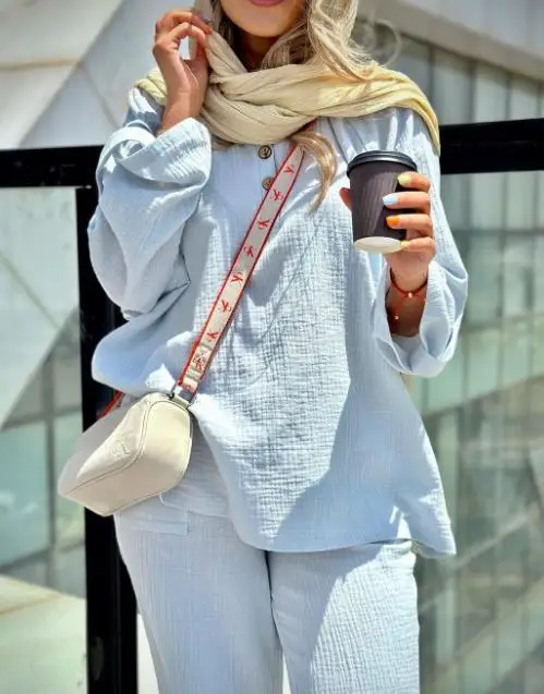 

Women's Pants Set 2025 Spring Summer Latest Spot Fashionable Long Sleeved Lapel Loose Plus Size Wrinkled Fabric Shirt Wide Leg