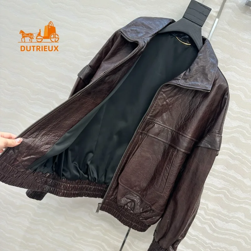 Winter Motorcycle Loose Double Pocket Leather Jacket with Old Retro Style, 100% Sheepskin Heavy Leather Jacket for Men and Women