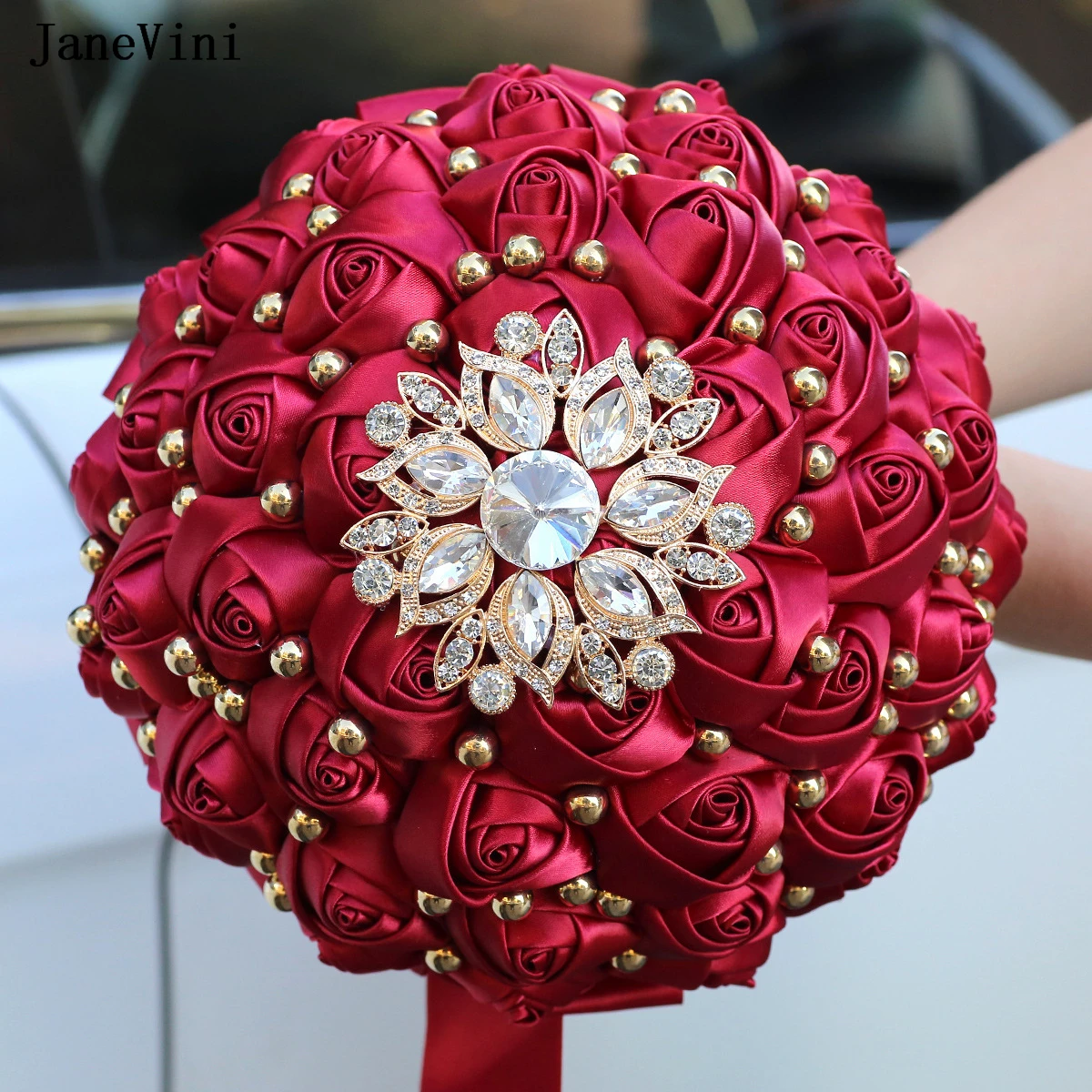 JaneVini Vintage Dark Red Ribbon Flowers Bridal Bouquets with Crystal Pearls Handmade Satin Roses Wedding Bouquets Ramo De Novia