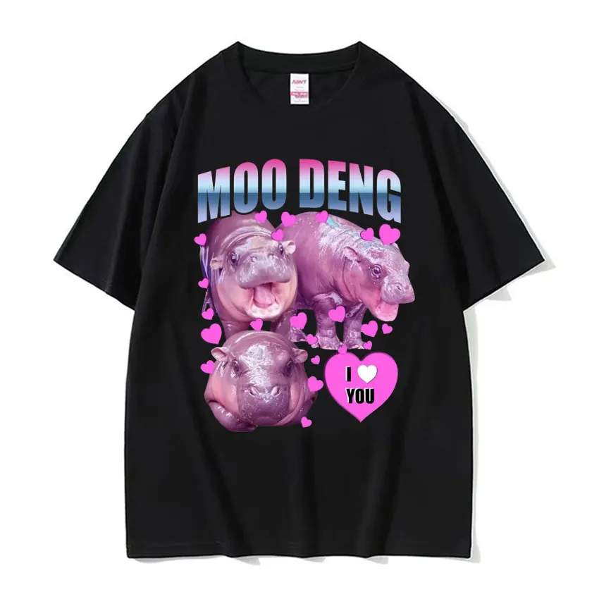 I Love You Moo Deng Hippo The Famous Baby T-shirts Unisex Harajuku Vintage Short Sleeve T-shirt Men Kawaii Casual Cotton T Shirt