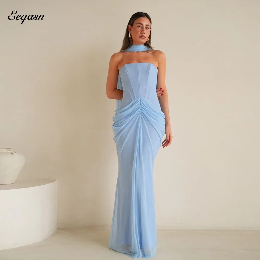 

Eeqasn Customized Light Blue Sizes Available Exquisite Pleat Chiffon Mermaid Strapless Floor-Length Birthday Party Evening Dress
