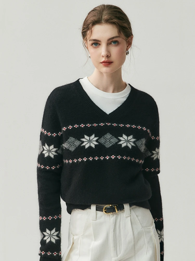 เสื้อไหมพรมแคชเมียร์ CHICUU สำหรับผู้หญิง คอลเลคชั่นฤดูใบไม้ร่วงและฤดูหนาว ลายเกล็ดหิมะ คอวี ผ้าแคชเมียร์แท้ 100% เนื้อนุ่ม อุ่นสบาย แขนยาว