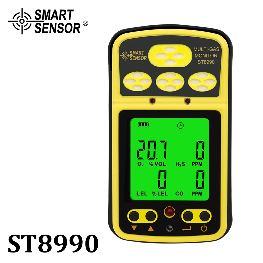 Gas Monitor 4 in 1 O₂ LEL CO H₂S Gas Detector Rechargeable Alarm Gas Analyzer with Backlight Alarm Function ST8990